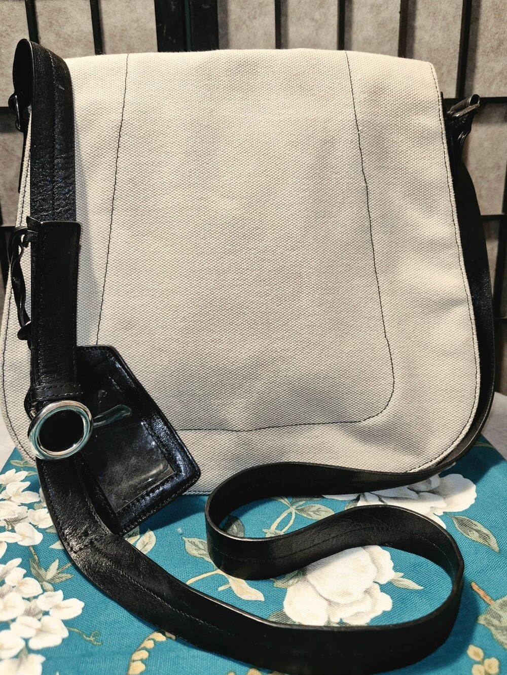 Carolee Cream Canvas & Black Leather Crossbody Flap Bag
